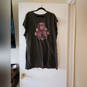 NATURAL LIFE Olive Green T-shirt Dress with Pink Floral Graphic